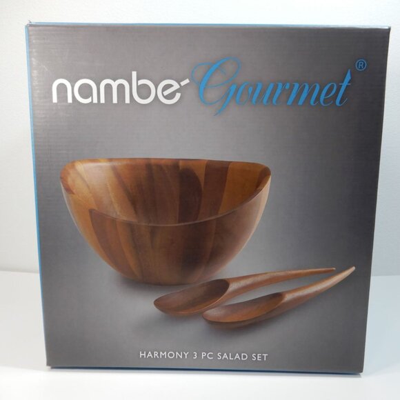 Nambe Harmony 3 Piece Salad Set Bowl & Tongs Brown Acacia Wood NEW $103 - Picture 8 of 13